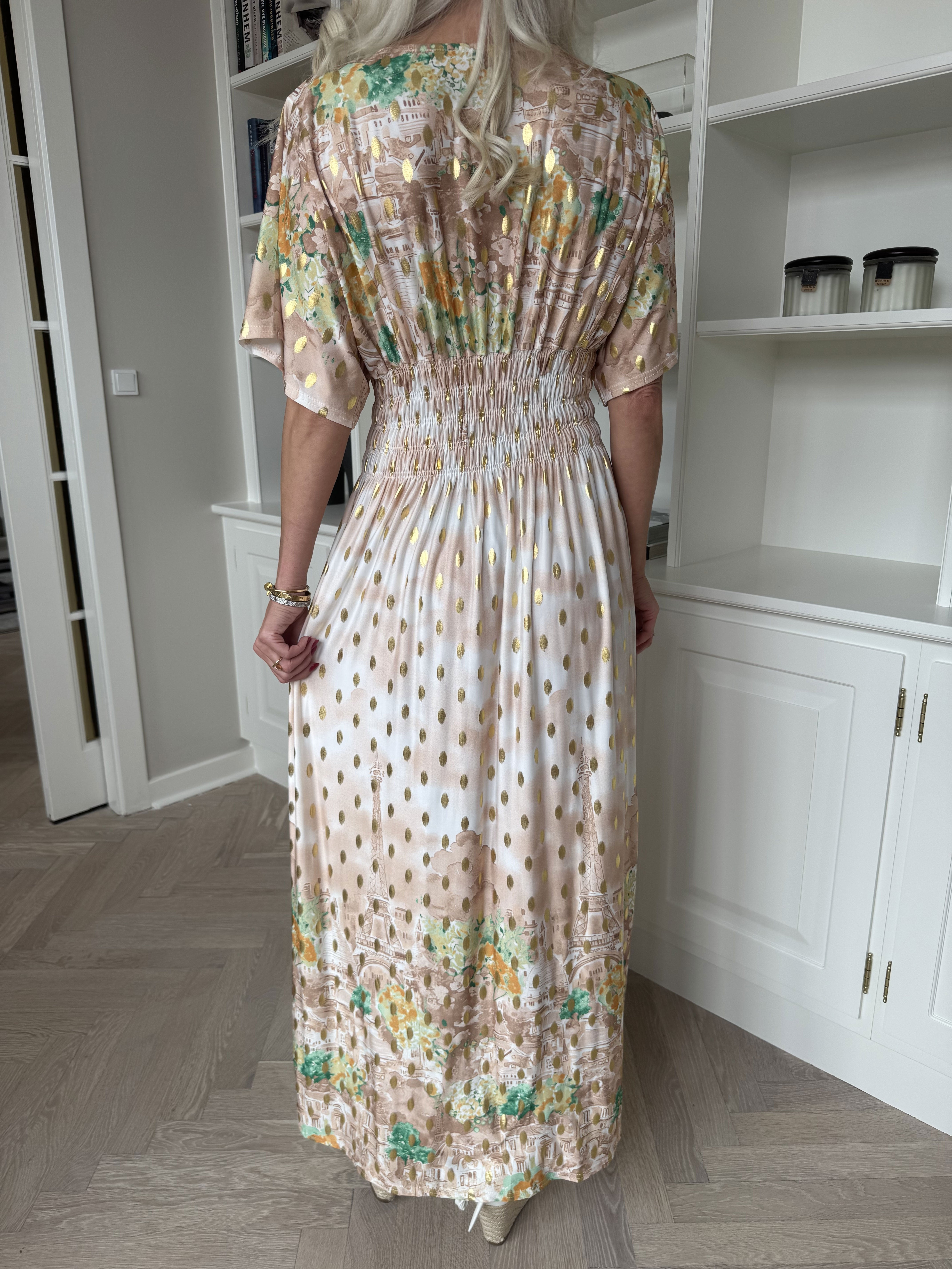 Pams Paris - Lång elastisk mönstrad klänning med guldnitar